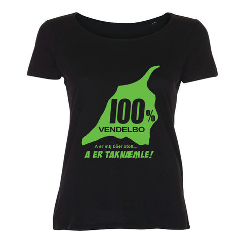 100% Vendelbo A er taknæmle! T-shirt med grønt tryk Damemodel